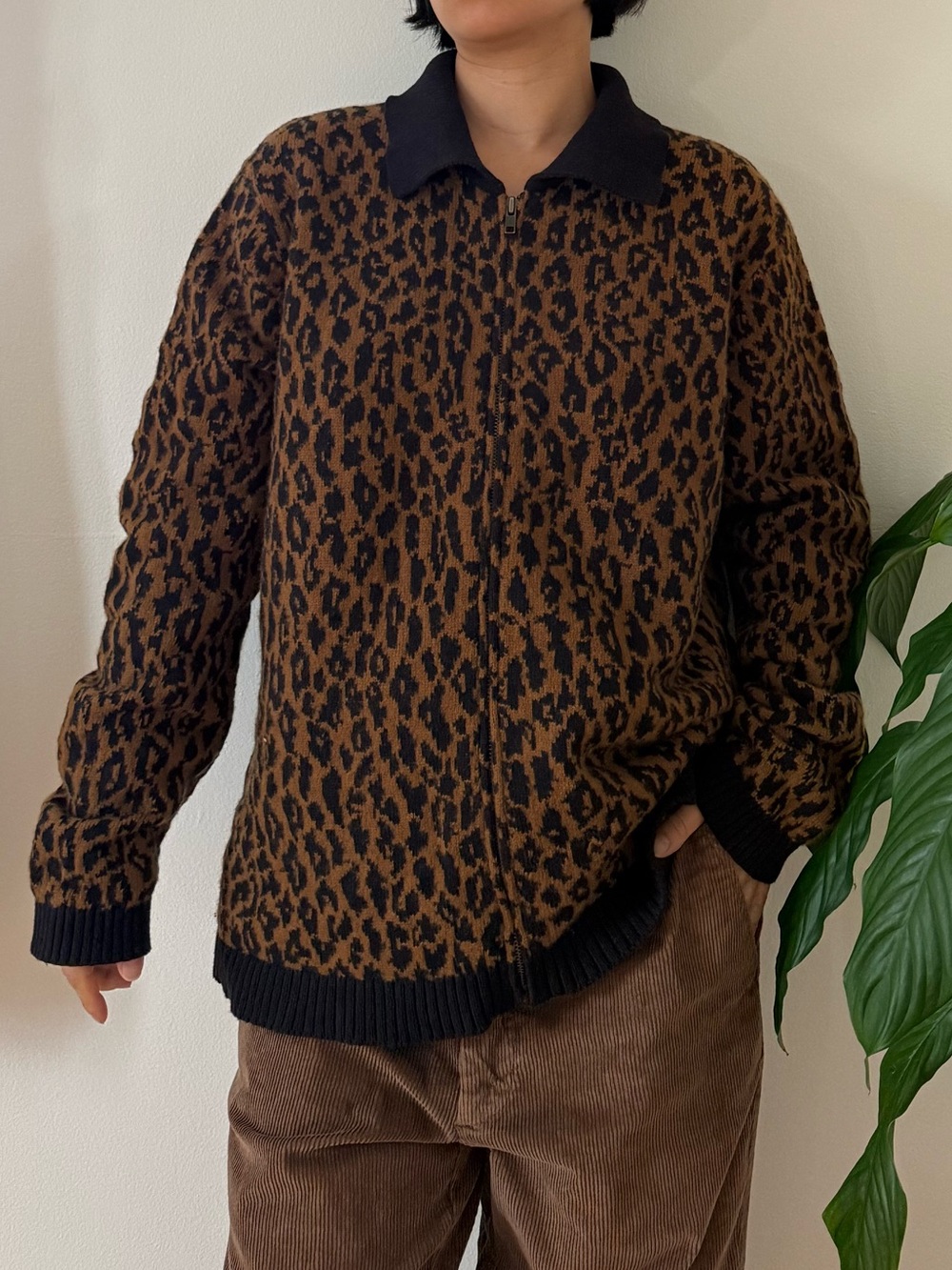 Vintage Jones New York Sport Cotton Lambswool Leopard Zip Up Cardigan Size XL